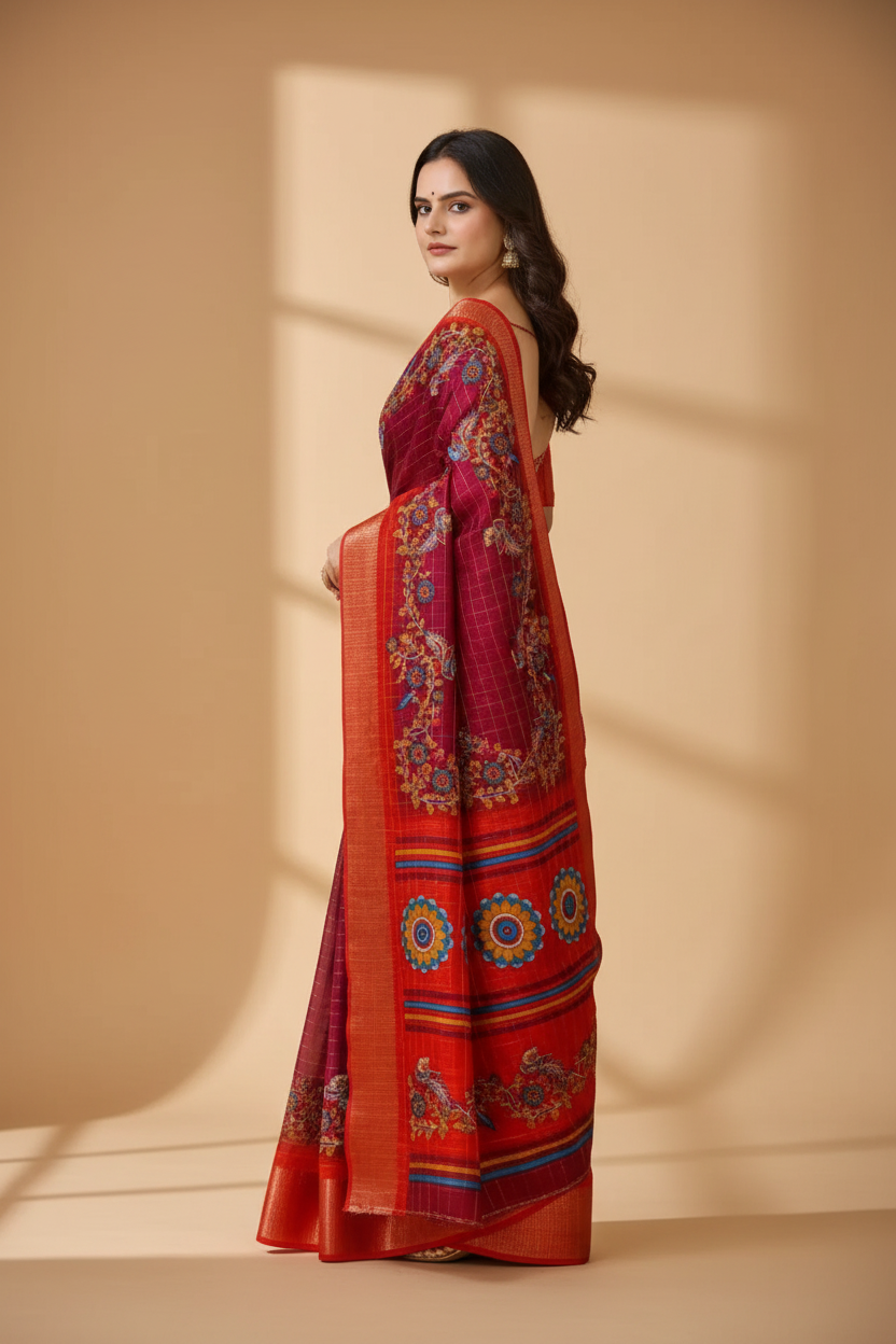Snuggle Spot Women's Soft Dola Cotton Kalamkari Printed Saree With Unstitched Blouse 5.5Mtr (Maroon)