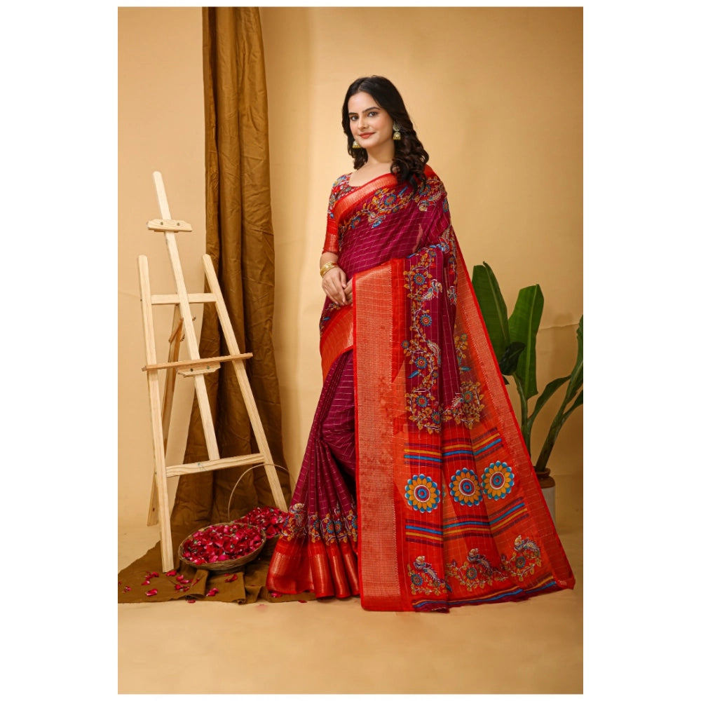 Snuggle Spot Women's Soft Dola Cotton Kalamkari Printed Saree With Unstitched Blouse 5.5Mtr (Maroon)