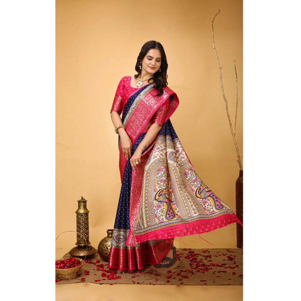 Snuggle Spot Women's Soft Dola Cotton Kalamkari Printed Saree With Unstitched Blouse 5.5Mtr (Navy Blue)