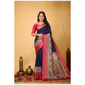 Snuggle Spot Women's Soft Dola Cotton Kalamkari Printed Saree With Unstitched Blouse 5.5Mtr (Navy Blue)