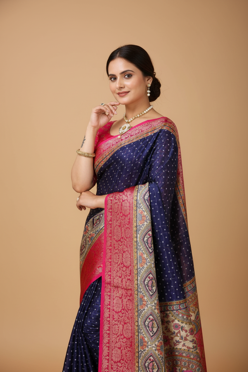 Snuggle Spot Women's Soft Dola Cotton Kalamkari Printed Saree With Unstitched Blouse 5.5Mtr (Navy Blue)