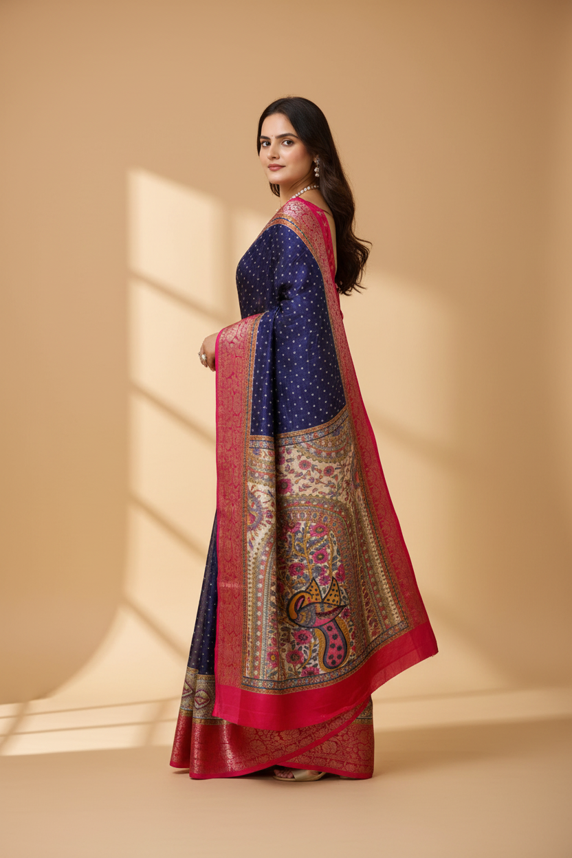 Snuggle Spot Women's Soft Dola Cotton Kalamkari Printed Saree With Unstitched Blouse 5.5Mtr (Navy Blue)