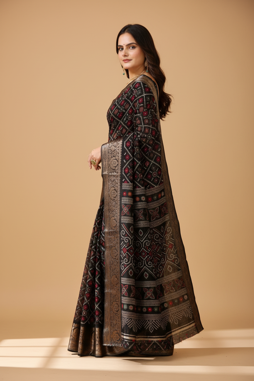 Snuggle Spot Women's Soft Dola Cotton Kalamkari Printed Saree With Unstitched Blouse 5.5Mtr (Black)