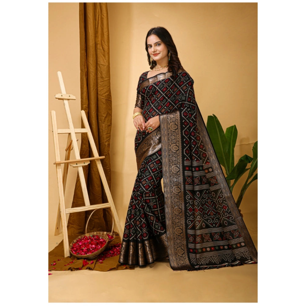 Snuggle Spot Women's Soft Dola Cotton Kalamkari Printed Saree With Unstitched Blouse 5.5Mtr (Black)