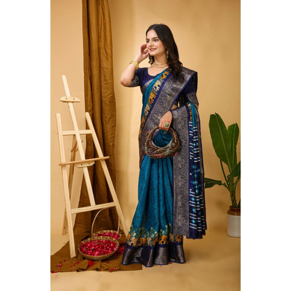 Snuggle Spot Women's Soft Dola Cotton Kalamkari Printed Saree With Unstitched Blouse 5.5Mtr (Blue)