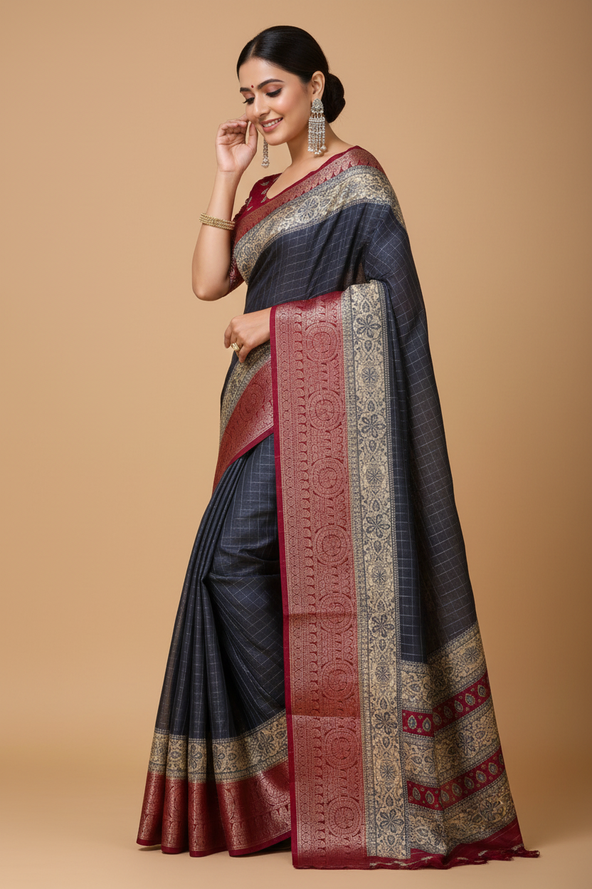 Snuggle Spot Women's Soft Dola Cotton Kalamkari Printed Saree With Unstitched Blouse 5.5Mtr (Grey)