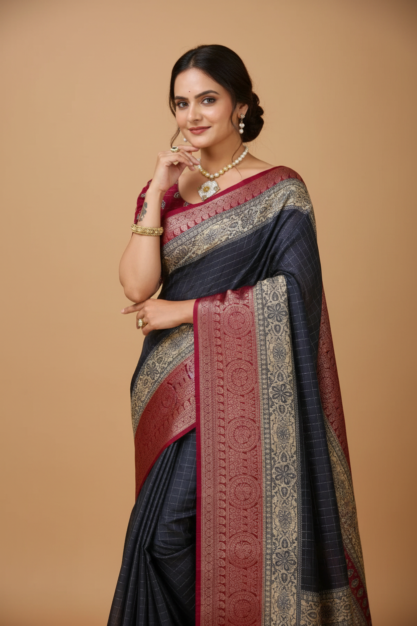 Snuggle Spot Women's Soft Dola Cotton Kalamkari Printed Saree With Unstitched Blouse 5.5Mtr (Grey)