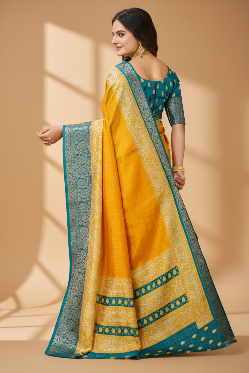 Snuggle Spot Women's Soft Dola Cotton Kalamkari Printed Saree With Unstitched Blouse 5.5Mtr (Yellow)
