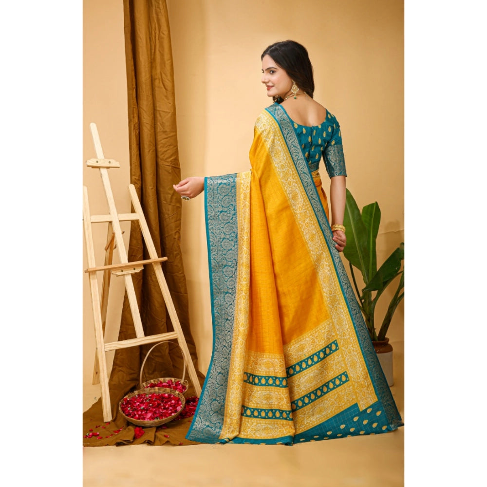 Snuggle Spot Women's Soft Dola Cotton Kalamkari Printed Saree With Unstitched Blouse 5.5Mtr (Yellow)