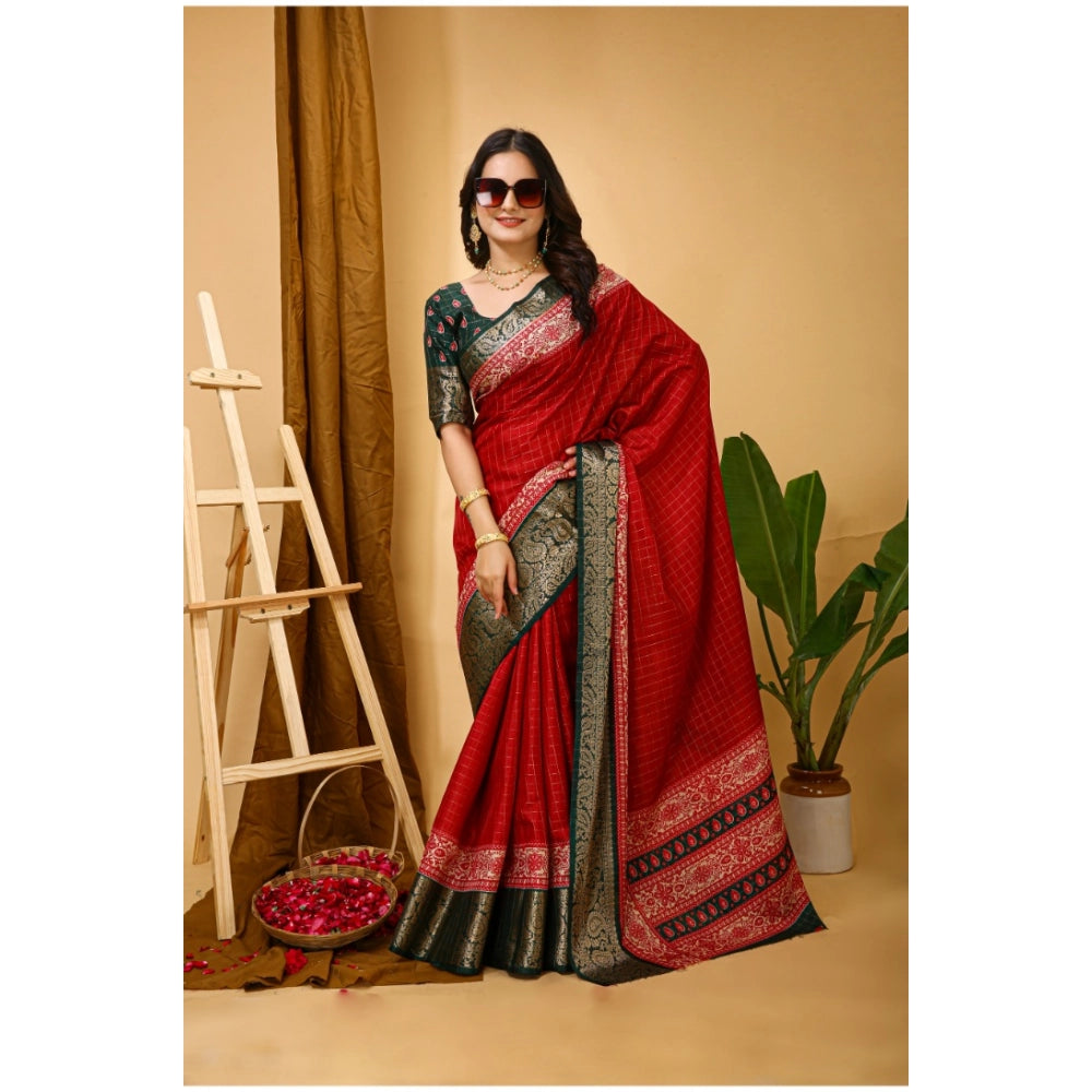 Snuggle Spot Women's Soft Dola Cotton Kalamkari Printed Saree With Unstitched Blouse 5.5Mtr (Red)