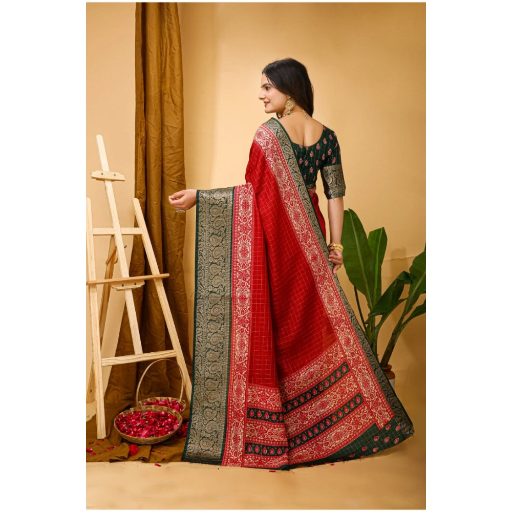 Snuggle Spot Women's Soft Dola Cotton Kalamkari Printed Saree With Unstitched Blouse 5.5Mtr (Red)