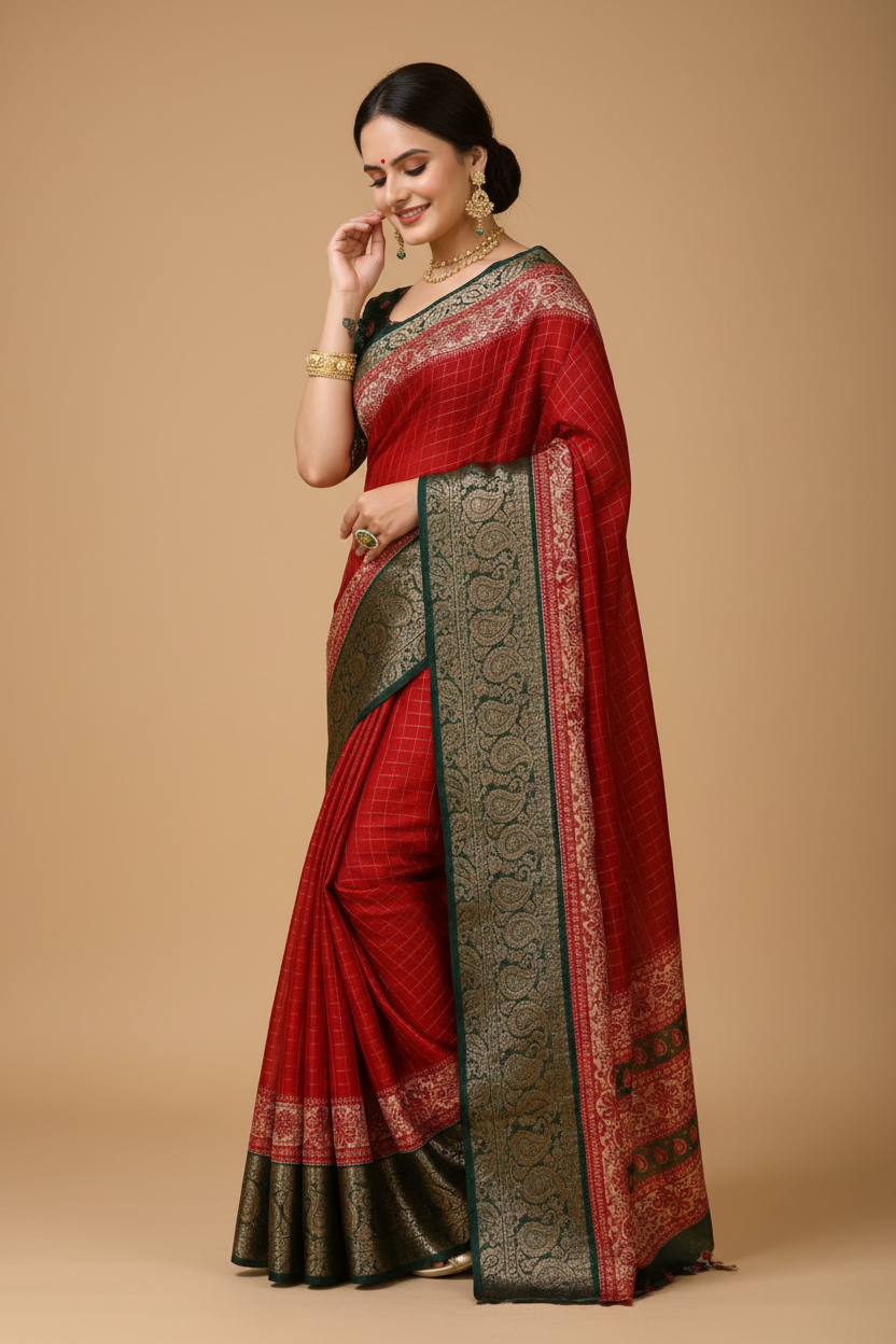 Snuggle Spot Women's Soft Dola Cotton Kalamkari Printed Saree With Unstitched Blouse 5.5Mtr (Red)