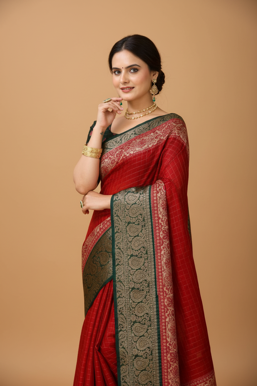 Snuggle Spot Women's Soft Dola Cotton Kalamkari Printed Saree With Unstitched Blouse 5.5Mtr (Red)
