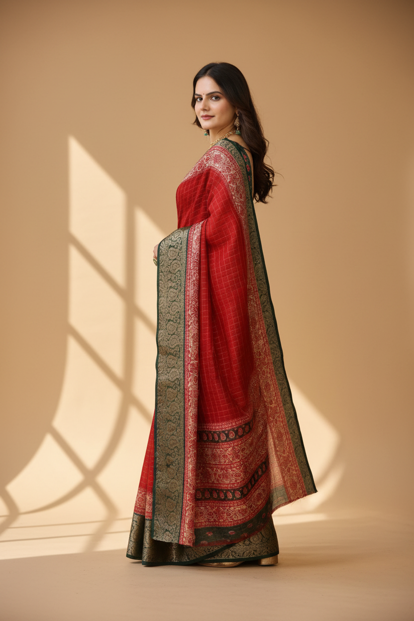 Snuggle Spot Women's Soft Dola Cotton Kalamkari Printed Saree With Unstitched Blouse 5.5Mtr (Red)