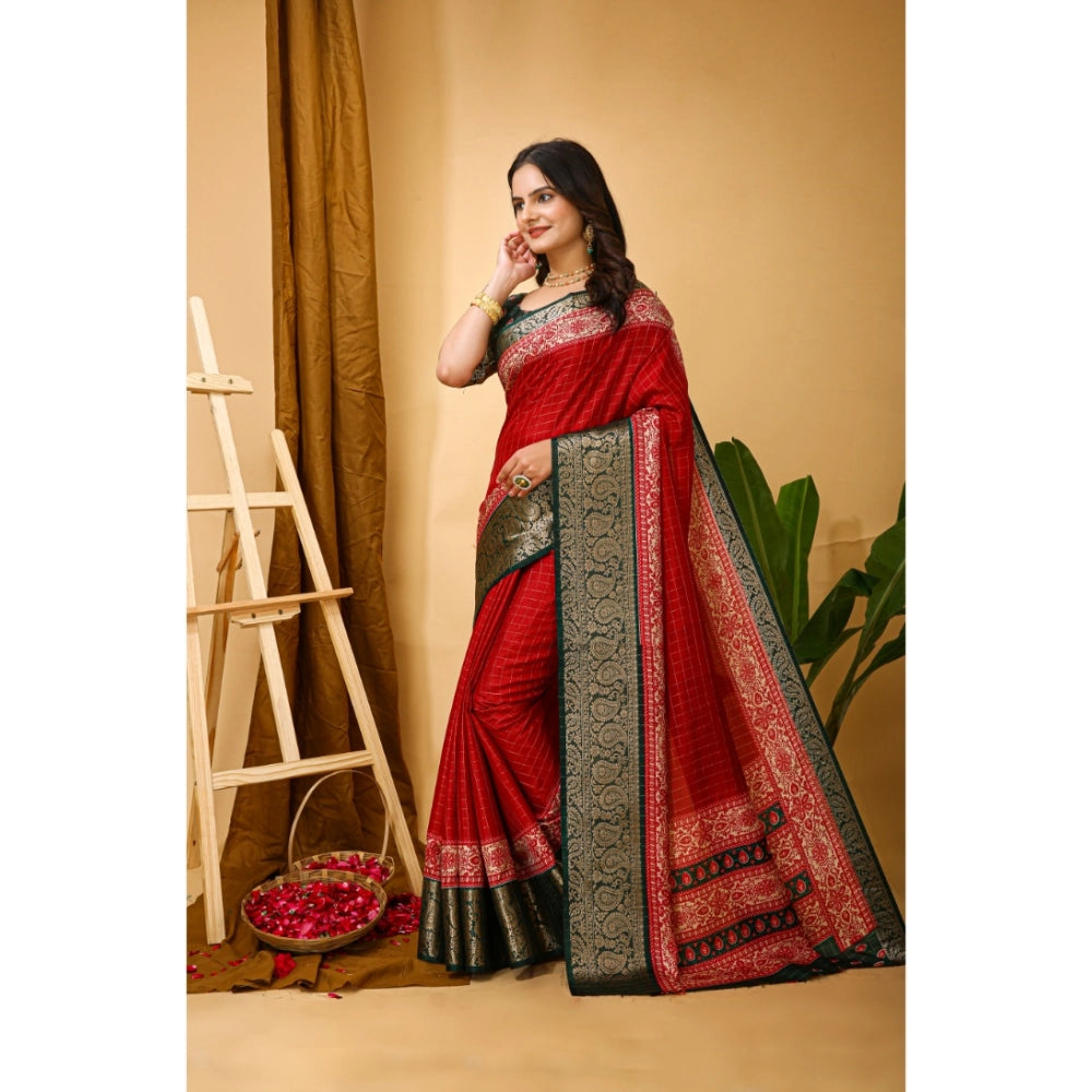 Snuggle Spot Women's Soft Dola Cotton Kalamkari Printed Saree With Unstitched Blouse 5.5Mtr (Red)