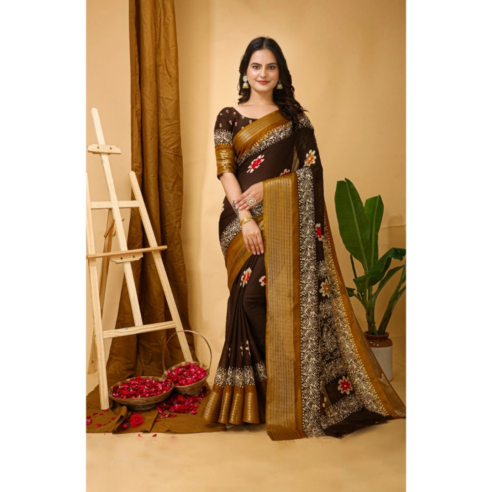 Snuggle Spot Women's Soft Blooming Marshmallow Fabric Kalamkari Printed Saree With Unstitched Blouse 5.5Mtr (Brown)