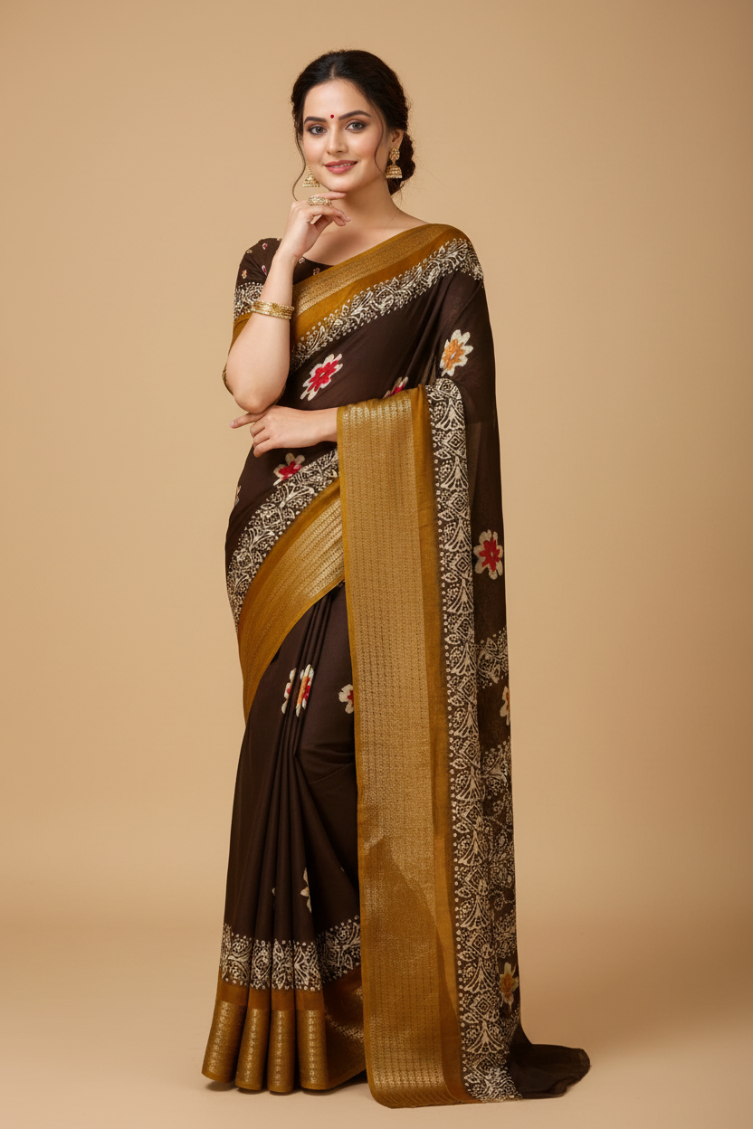 Snuggle Spot Women's Soft Blooming Marshmallow Fabric Kalamkari Printed Saree With Unstitched Blouse 5.5Mtr (Brown)