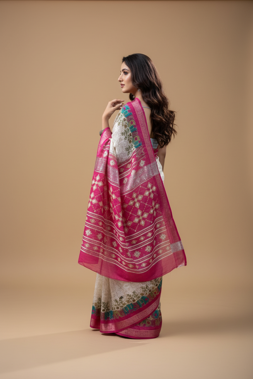 Snuggle Spot Women's Soft Dola Cotton Kalamkari Printed Saree With Unstitched Blouse 5.5Mtr (White)