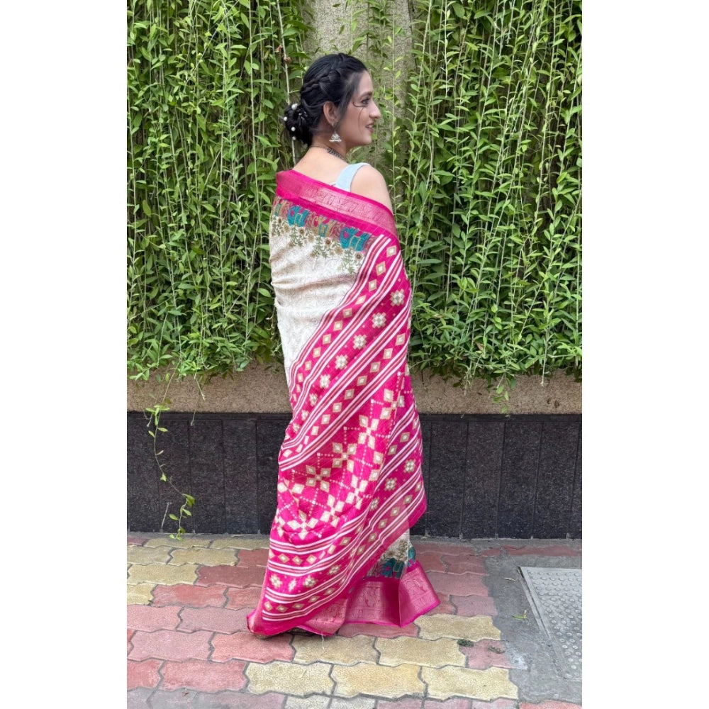 Snuggle Spot Women's Soft Dola Cotton Kalamkari Printed Saree With Unstitched Blouse 5.5Mtr (White)