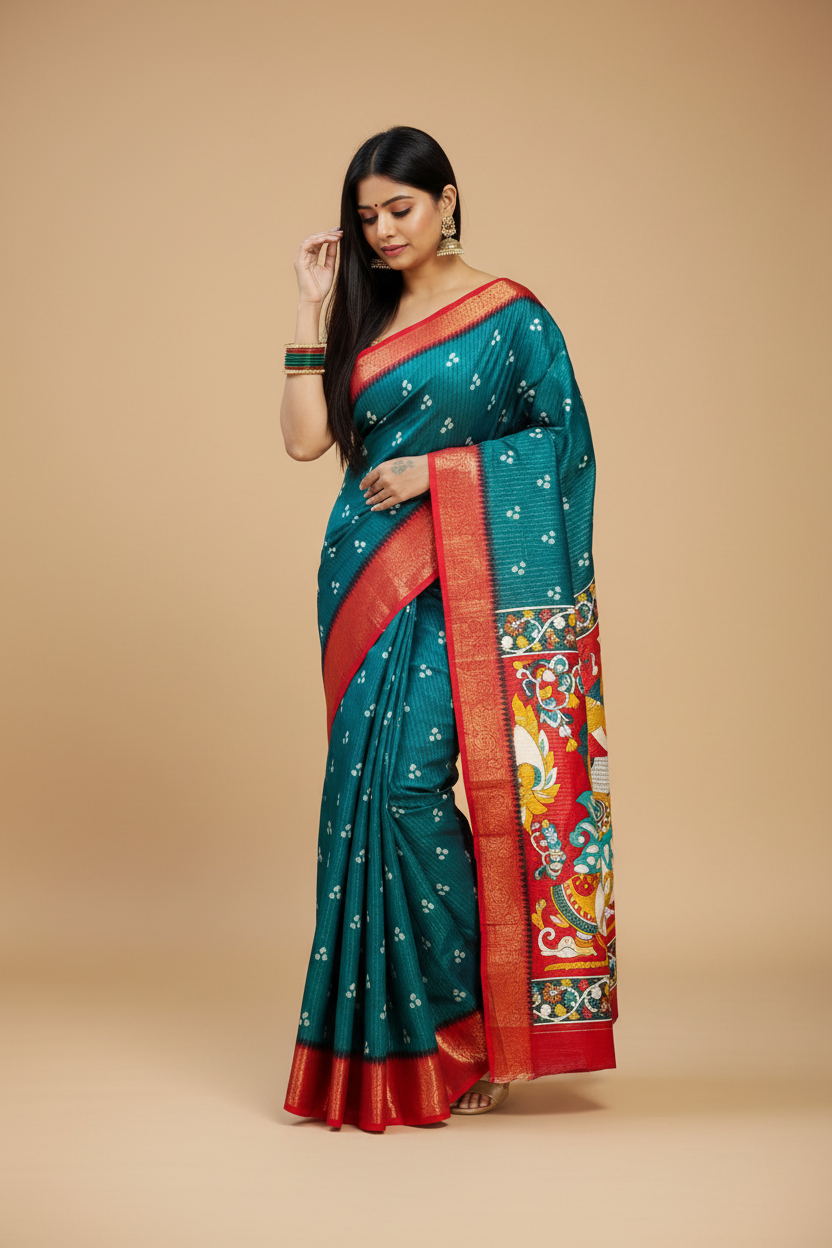 Snuggle Spot Women's Soft Dola Cotton Kalamkari Printed Saree With Unstitched Blouse 5.5Mtr (Blue)