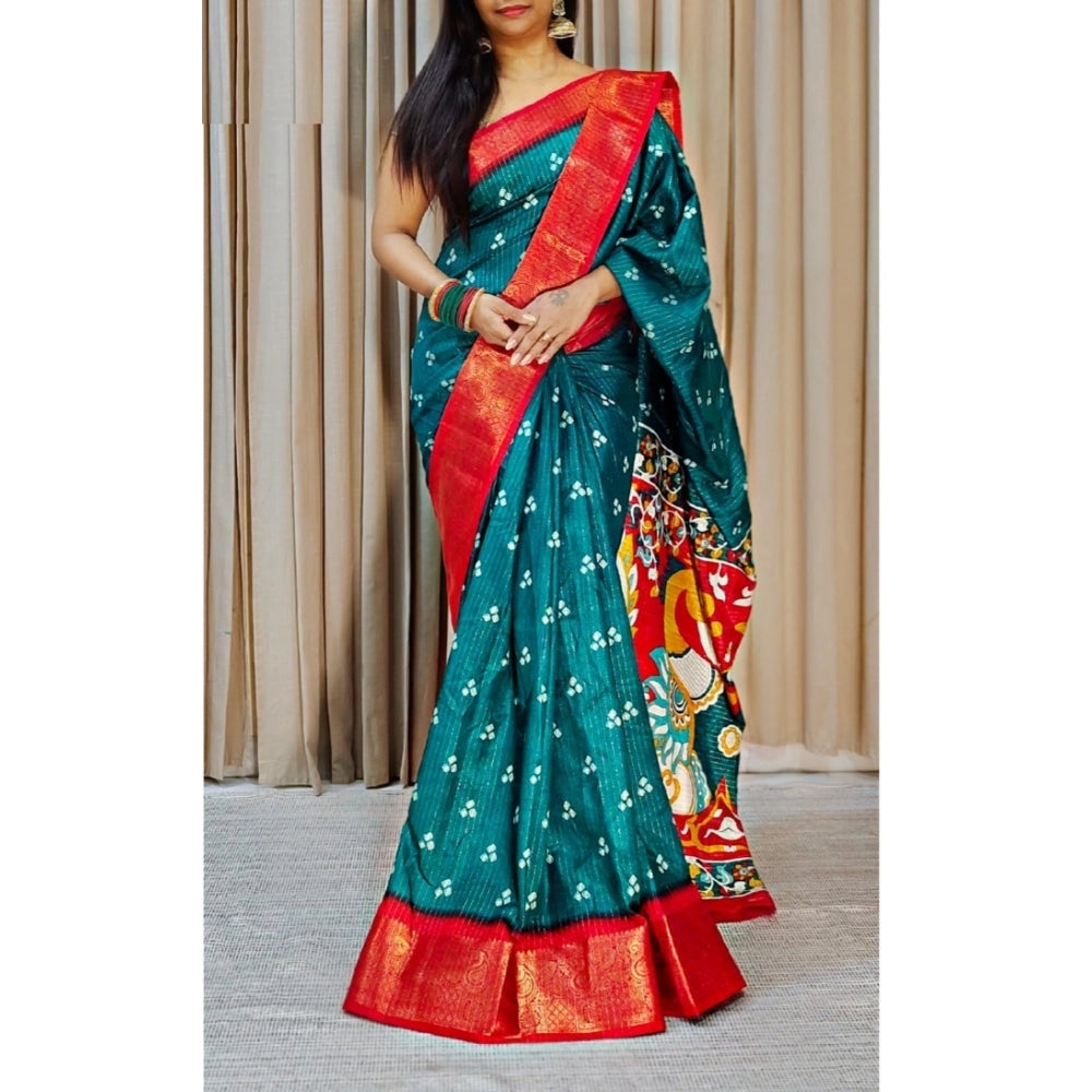 Snuggle Spot Women's Soft Dola Cotton Kalamkari Printed Saree With Unstitched Blouse 5.5Mtr (Blue)
