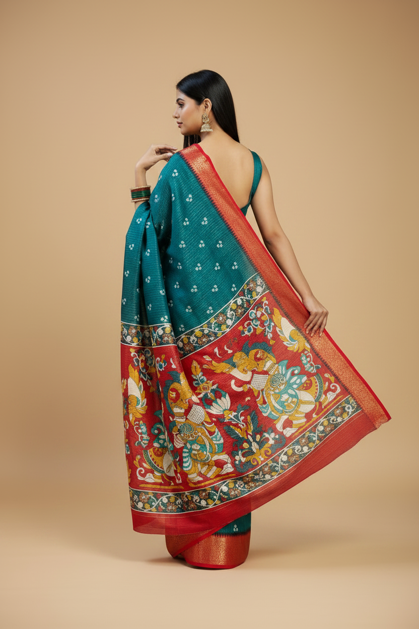 Snuggle Spot Women's Soft Dola Cotton Kalamkari Printed Saree With Unstitched Blouse 5.5Mtr (Blue)