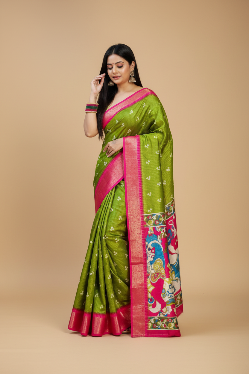 Snuggle Spot Women's Soft Dola Cotton Kalamkari Printed Saree With Unstitched Blouse 5.5Mtr (Green)