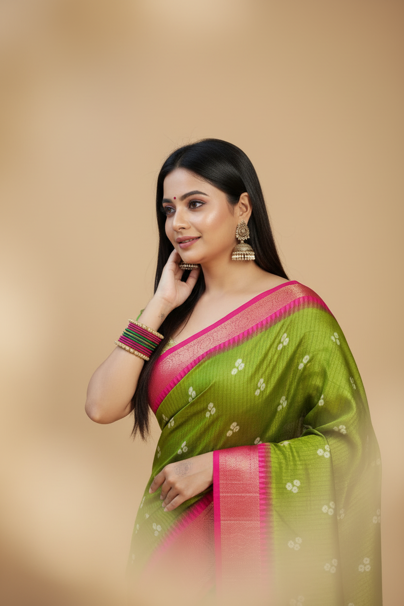 Snuggle Spot Women's Soft Dola Cotton Kalamkari Printed Saree With Unstitched Blouse 5.5Mtr (Green)