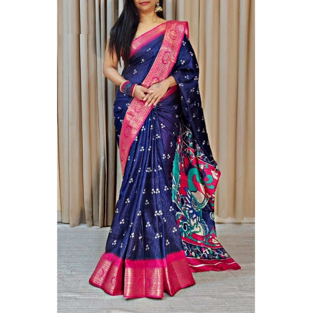 Snuggle Spot Women's Soft Dola Cotton Kalamkari Printed Saree With Unstitched Blouse 5.5Mtr (Navy Blue)