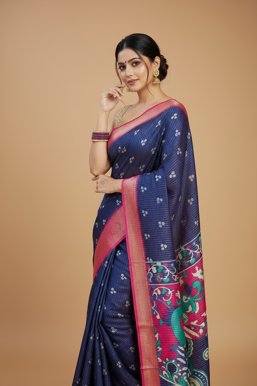 Snuggle Spot Women's Soft Dola Cotton Kalamkari Printed Saree With Unstitched Blouse 5.5Mtr (Navy Blue)