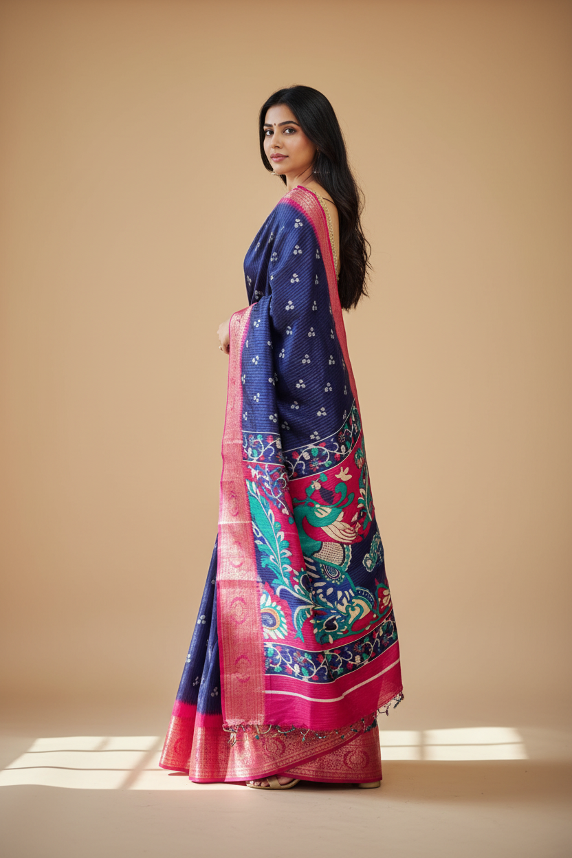 Snuggle Spot Women's Soft Dola Cotton Kalamkari Printed Saree With Unstitched Blouse 5.5Mtr (Navy Blue)
