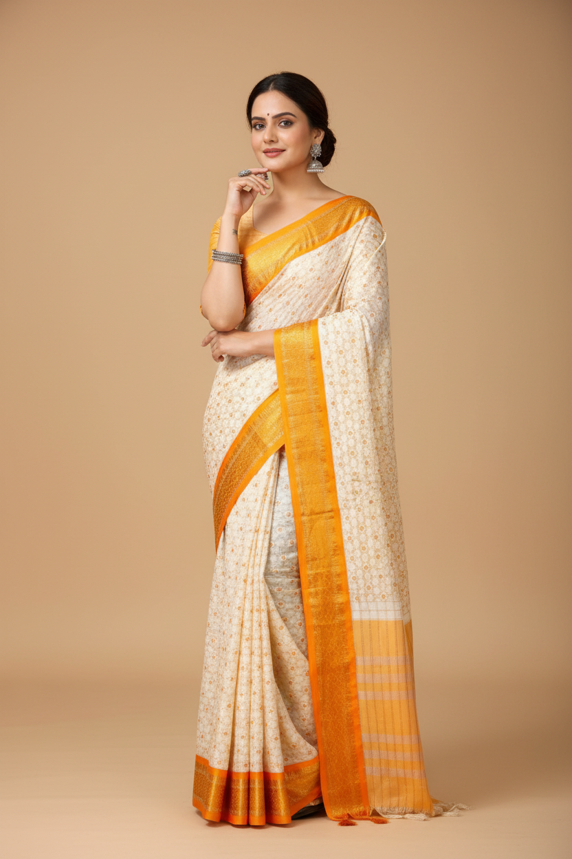 Snuggle Spot Women's Soft Cotton Silk Printed Saree With Unstitched Blouse 5.5Mtr (Yellow)