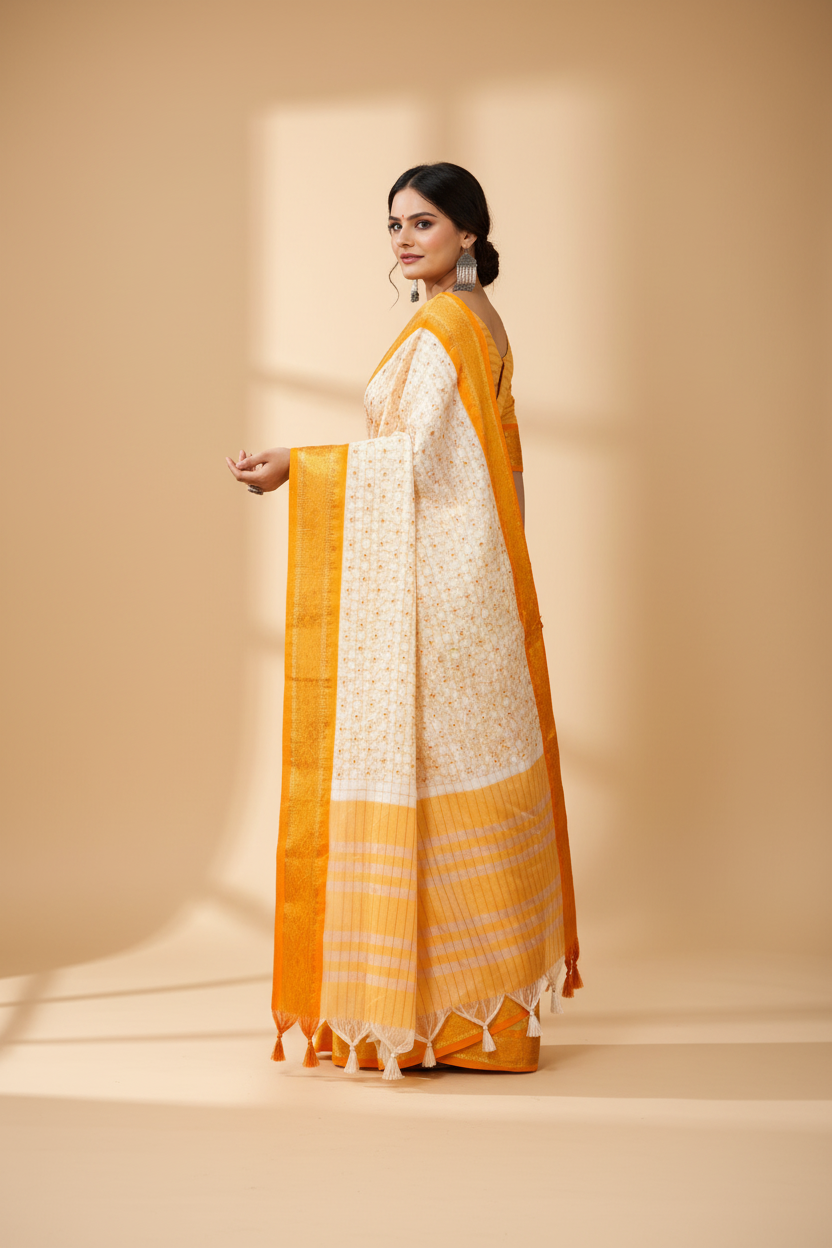 Snuggle Spot Women's Soft Cotton Silk Printed Saree With Unstitched Blouse 5.5Mtr (Yellow)