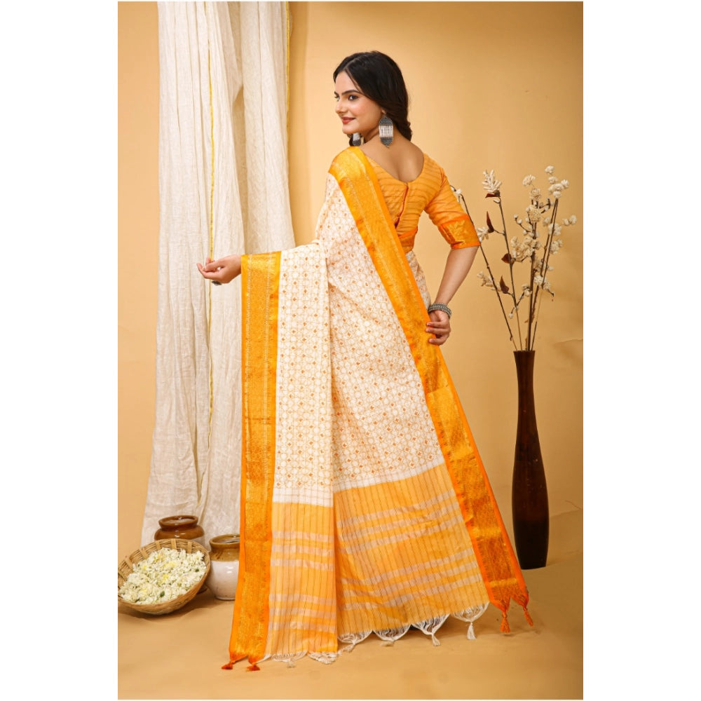 Snuggle Spot Women's Soft Cotton Silk Printed Saree With Unstitched Blouse 5.5Mtr (Yellow)