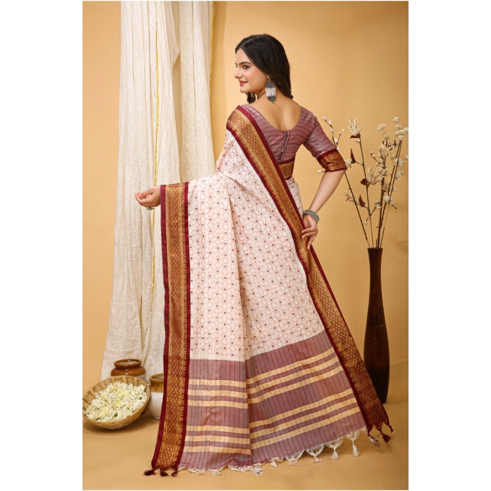 Snuggle Spot Women's Soft Cotton Silk Printed Saree With Unstitched Blouse 5.5Mtr (Maroon)