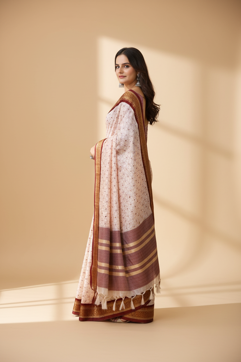 Snuggle Spot Women's Soft Cotton Silk Printed Saree With Unstitched Blouse 5.5Mtr (Maroon)