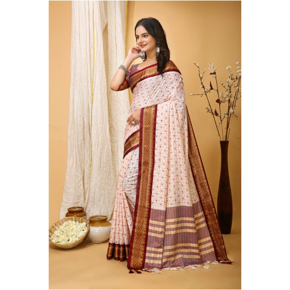 Snuggle Spot Women's Soft Cotton Silk Printed Saree With Unstitched Blouse 5.5Mtr (Maroon)