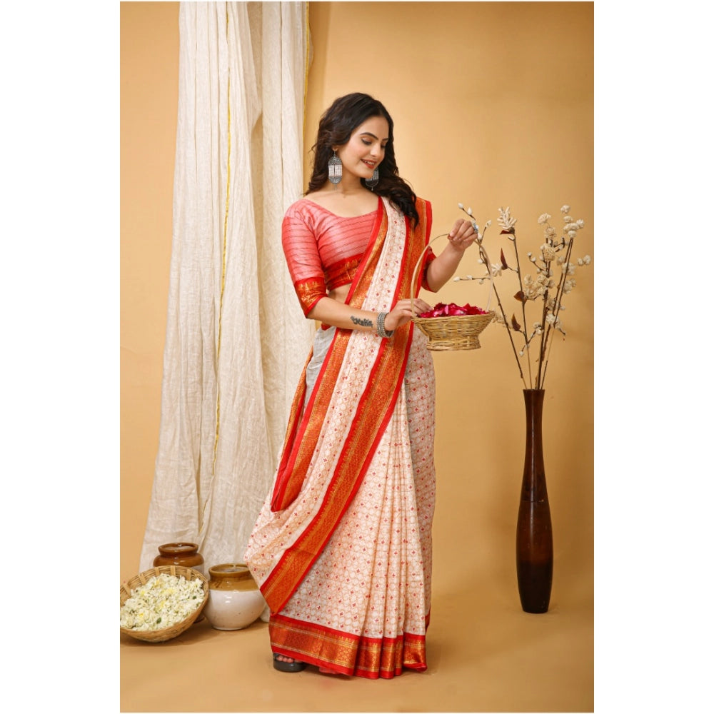 Snuggle Spot Women's Soft Cotton Silk Printed Saree With Unstitched Blouse 5.5Mtr (Red)