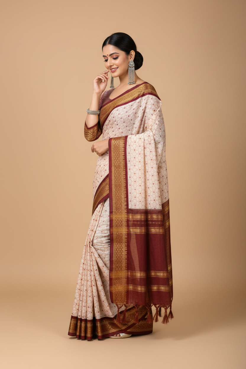 Snuggle Spot Women's Soft Cotton Silk Printed Saree With Unstitched Blouse 5.5Mtr (Maroon)