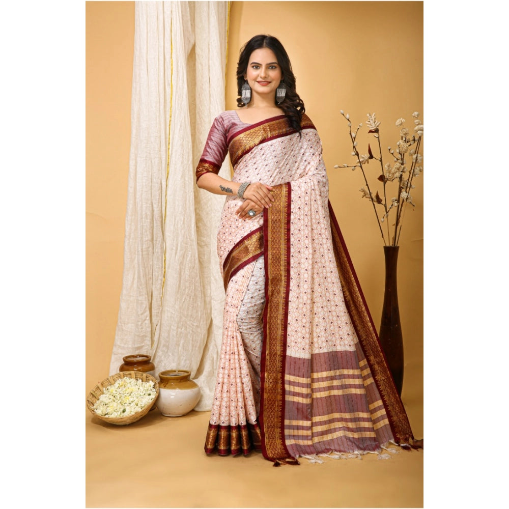 Snuggle Spot Women's Soft Cotton Silk Printed Saree With Unstitched Blouse 5.5Mtr (Maroon)