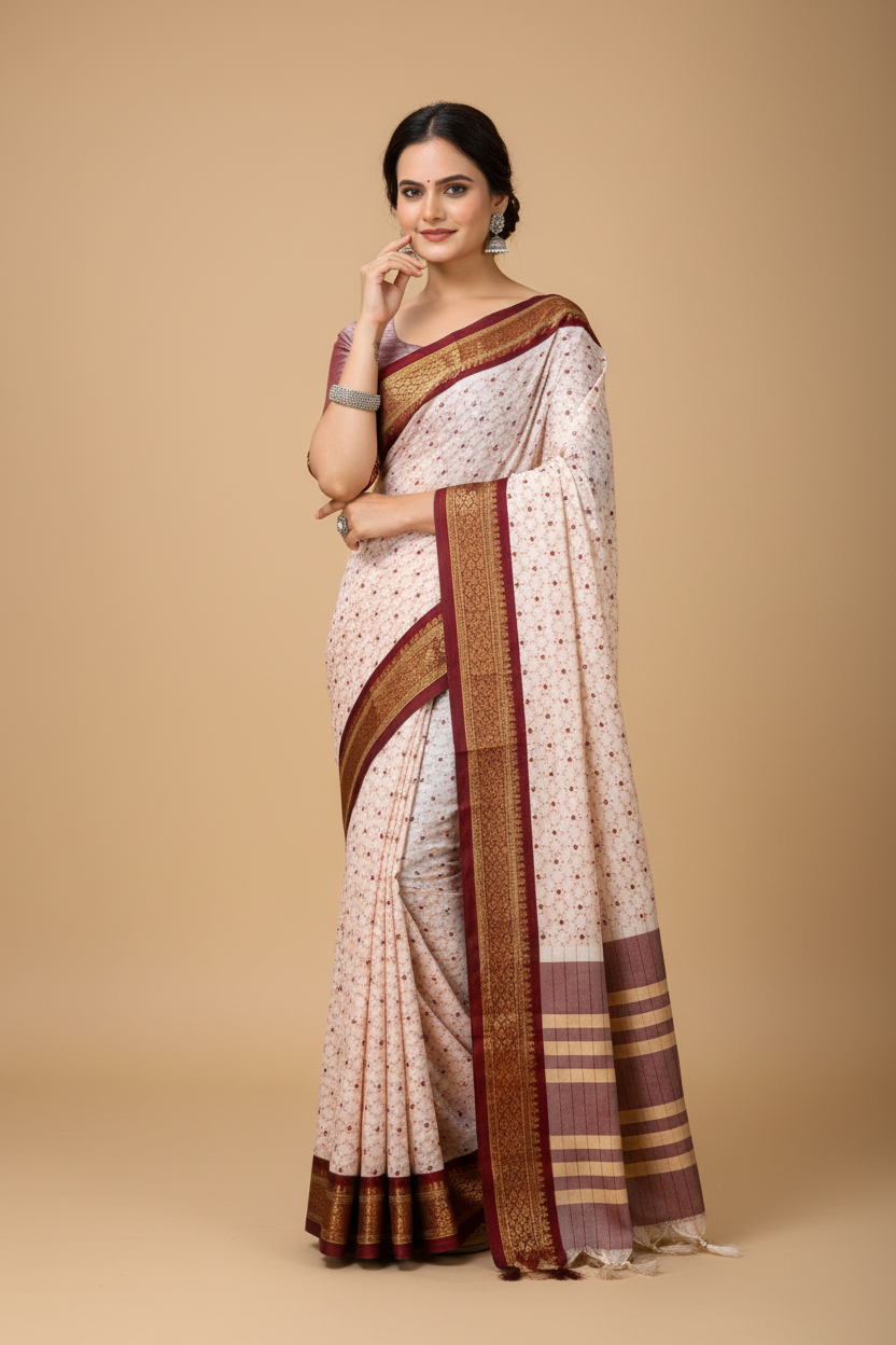 Snuggle Spot Women's Soft Cotton Silk Printed Saree With Unstitched Blouse 5.5Mtr (Maroon)