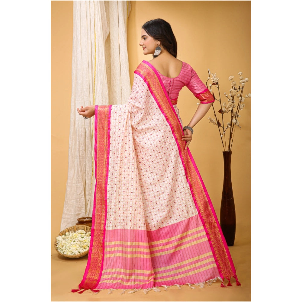 Snuggle Spot Women's Soft Cotton Silk Printed Saree With Unstitched Blouse 5.5Mtr (Pink)