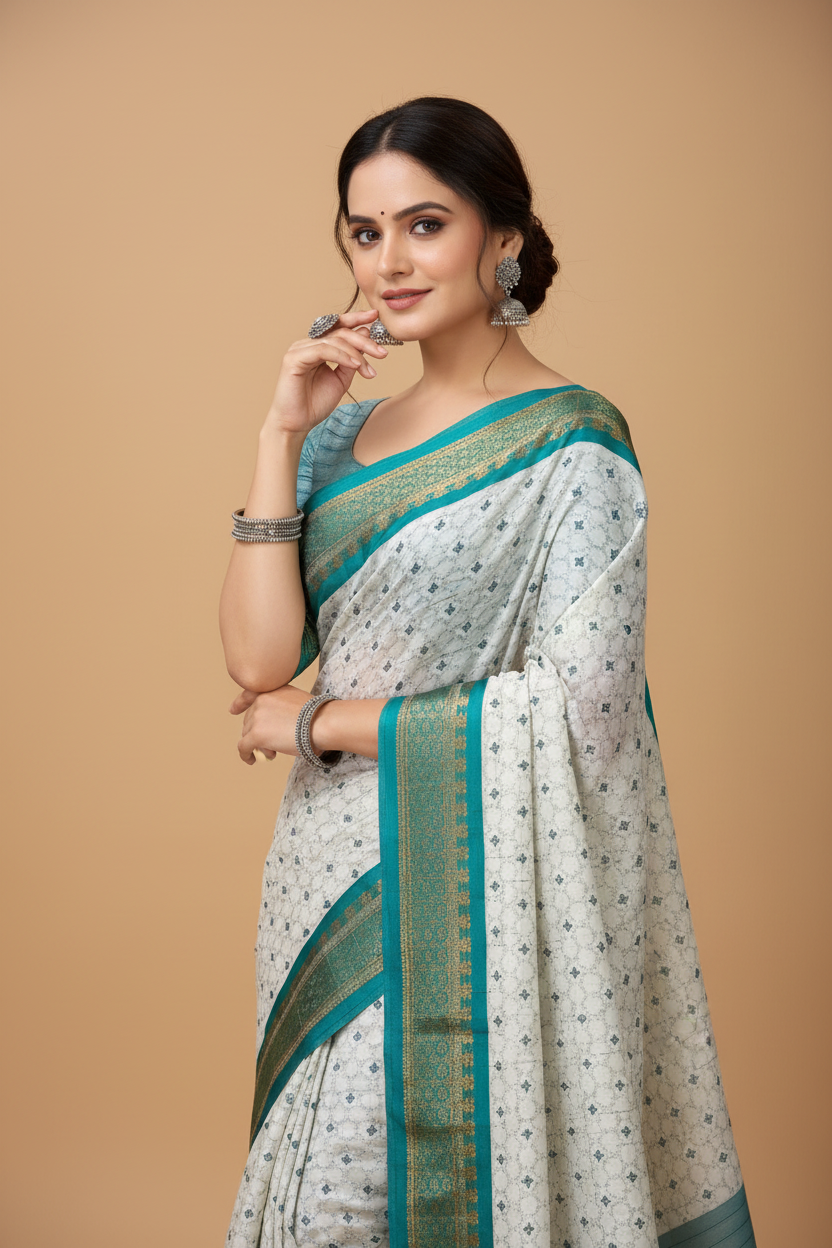 Snuggle Spot Women's Soft Cotton Silk Printed Saree With Unstitched Blouse 5.5Mtr (Rama Green)