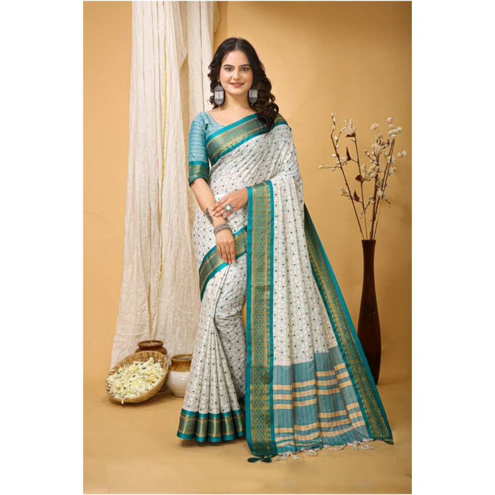 Snuggle Spot Women's Soft Cotton Silk Printed Saree With Unstitched Blouse 5.5Mtr (Rama Green)