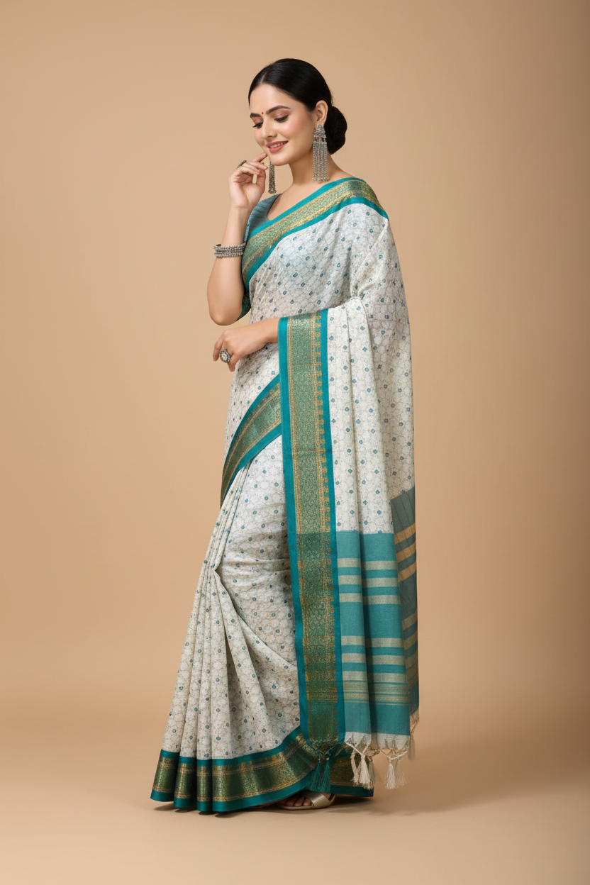 Snuggle Spot Women's Soft Cotton Silk Printed Saree With Unstitched Blouse 5.5Mtr (Rama Green)