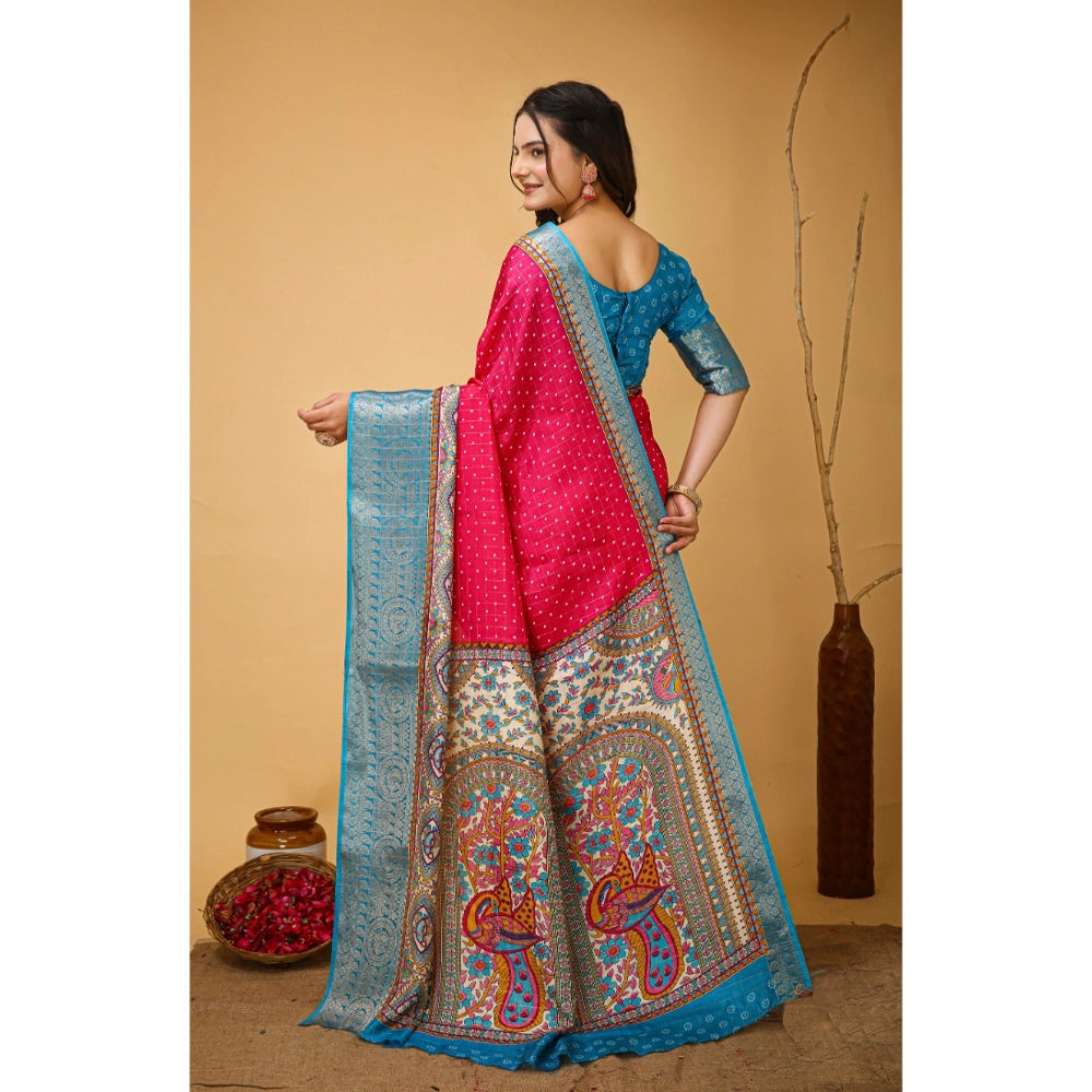 Snuggle Spot Women's Soft Dola Cotton Kalamkari Printed Saree With Unstitched Blouse 5.5Mtr (Pink)