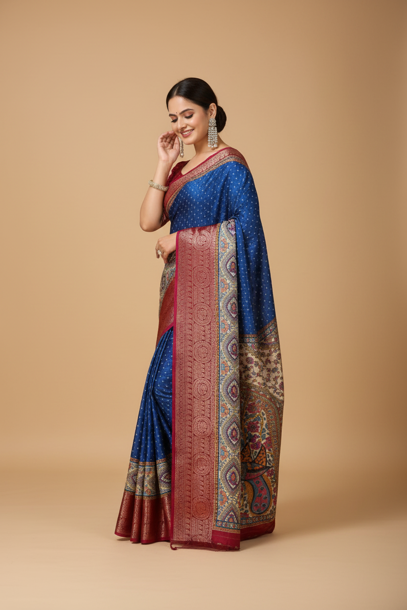 Snuggle Spot Women's Soft Dola Cotton Kalamkari Printed Saree With Unstitched Blouse 5.5Mtr (Blue)