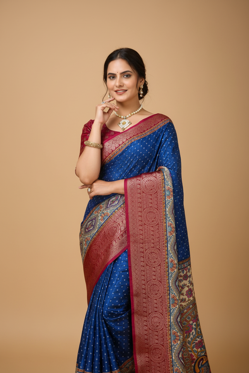 Snuggle Spot Women's Soft Dola Cotton Kalamkari Printed Saree With Unstitched Blouse 5.5Mtr (Blue)