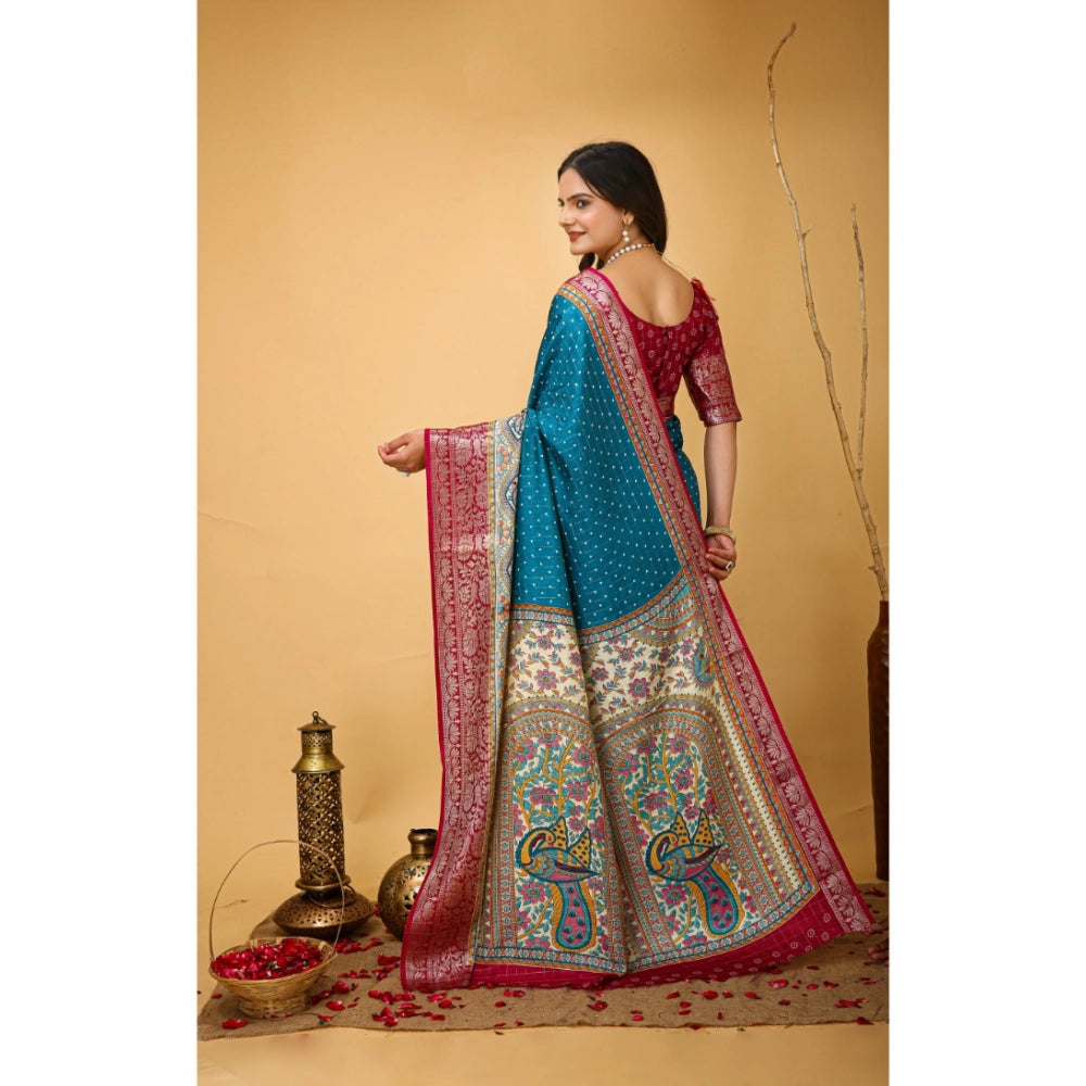 Snuggle Spot Women's Soft Dola Cotton Kalamkari Printed Saree With Unstitched Blouse 5.5Mtr (Sky Blue)