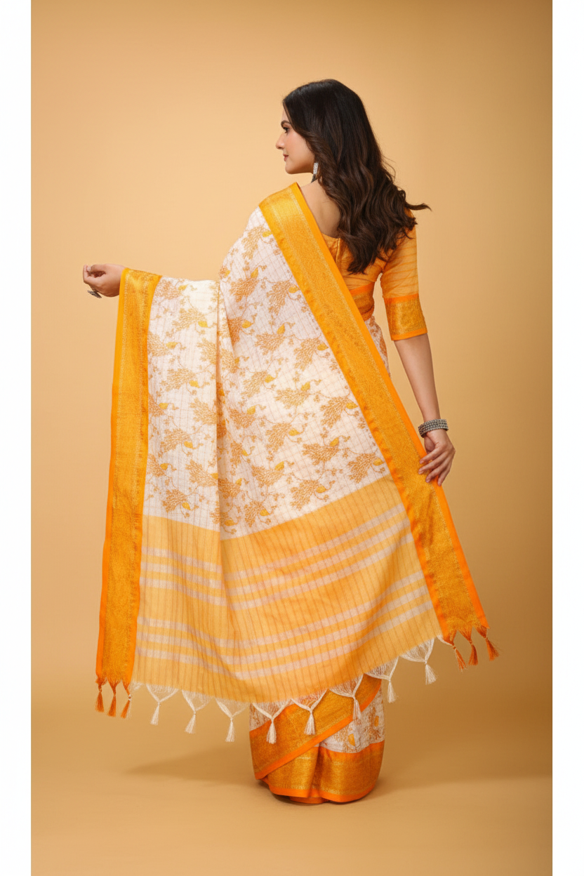 Snuggle Spot Women's Soft Cotton Silk Printed Saree With Unstitched Blouse 5.5Mtr (Yellow)